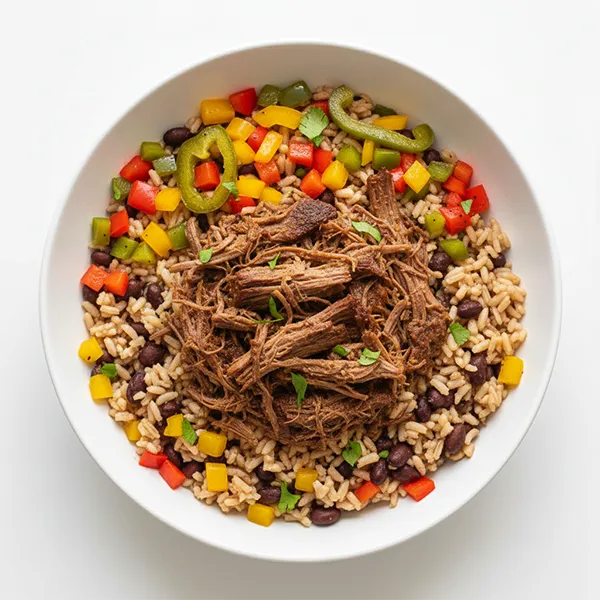 Caribbean Shredded Beef Bowl with Trio Bell Peppers, Black Beans & Brown Rice